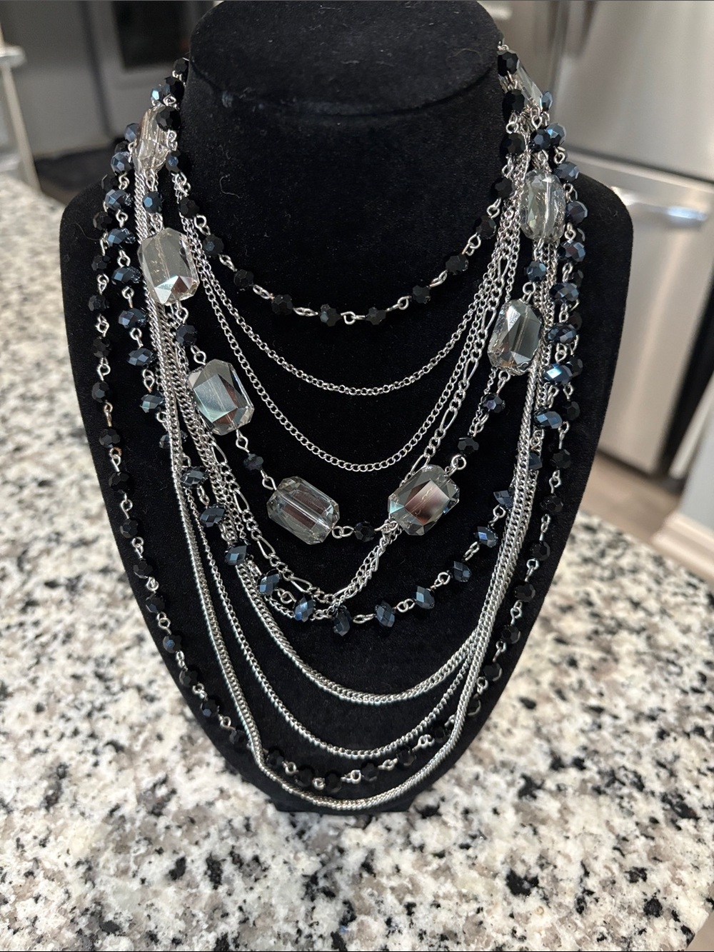Multi-Strand Black Bead and Silver Chain Statement Necklace